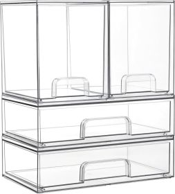 Clear Stackable Storage Drawers Set of 4, Plastic Organizer Bins for Makeup, Cosmetics, Beauty Supplies,Ideal for Vanity, Bathroom,Cabinet