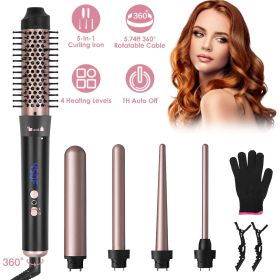 5 in 1 Curling Wand Hair Curling Iron Brush Hair Thermal Brush Curler with 4 Heating Levels 360° Rotatable Cable 5 Interchangeable Barrels 2 Clips Lea